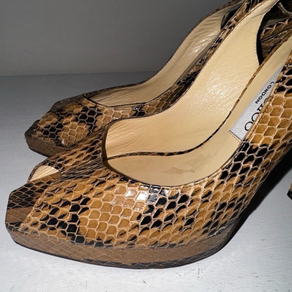 Jimmy Choo Vintage Snakeskin Leather Peep Toe Platform Slingback Pump Heels - Picture 3 of 14